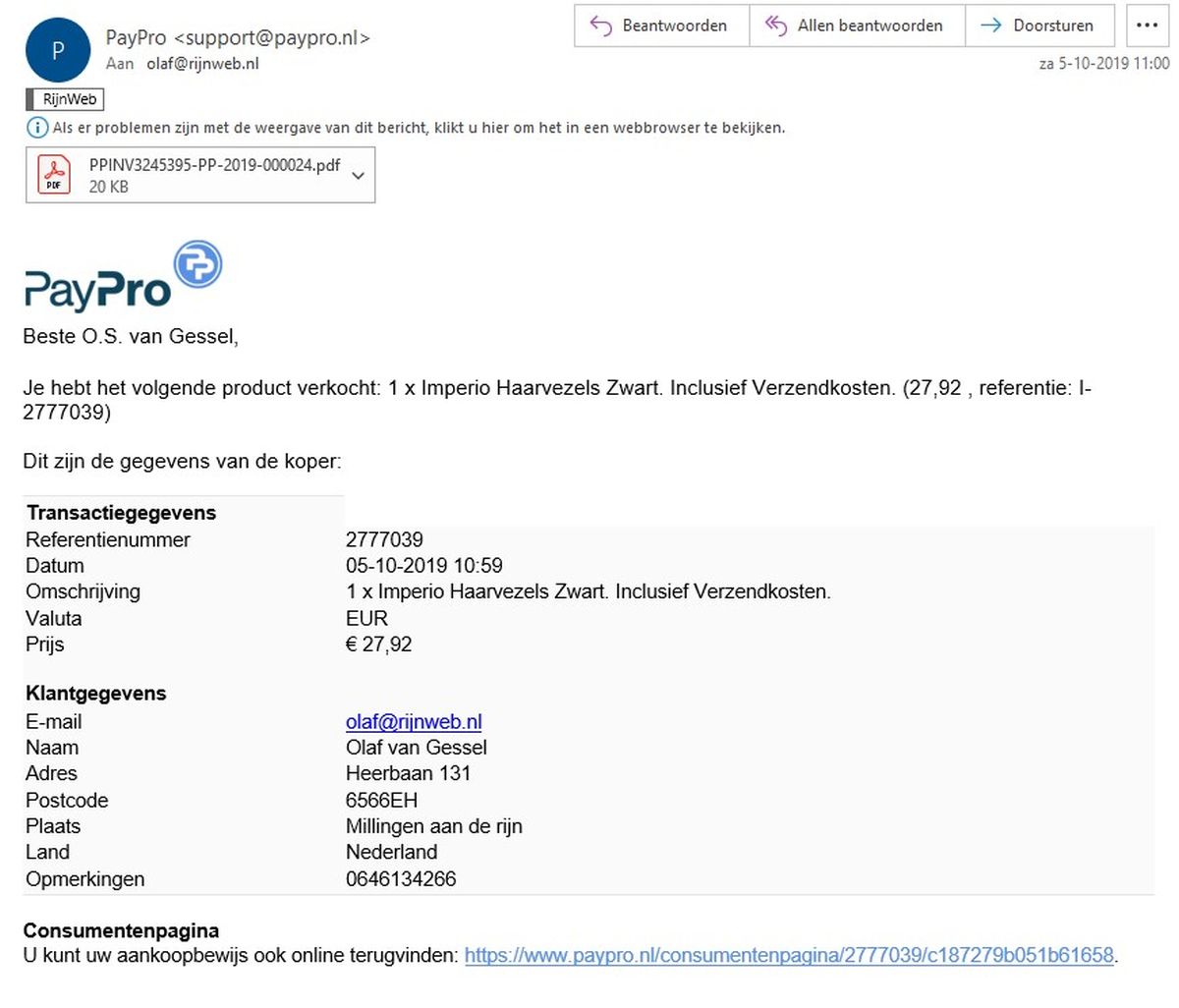 Paypro Bevestigingsemail